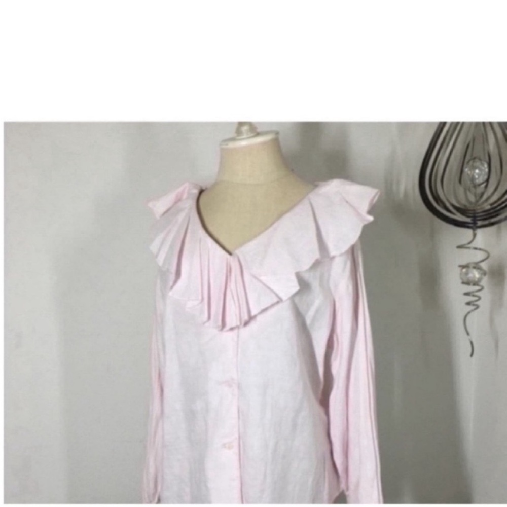 Women’s Pink Ruffle V-Neck Button Front Top - Picture 4 of 7